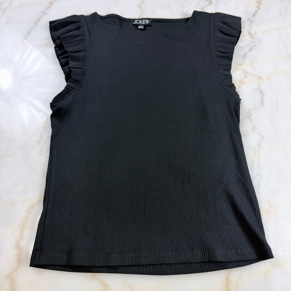 J.Crew Womens Black Ribbed Ruffle Shoulder Sleeveless Top BY423 Size L NWT